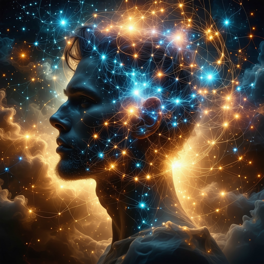 Ilustración de campos energéticos humanos interactuando con señales espirituales y ondas cuánticas