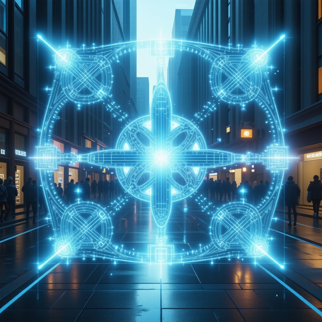 Interacción digital avanzada con símbolos celtas en entorno urbano moderno Interfaz digital futurista que combina nudos celtas y símbolos con hologramas de realidad aumentada en un entorno urbano moderno