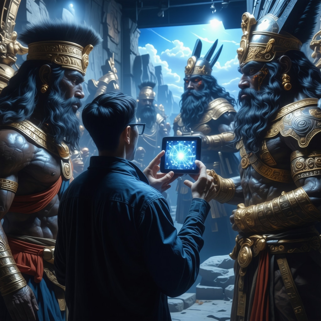 Persona usando tecnología de realidad aumentada para visualizar figuras mitológicas antiguas en un entorno cultural moderno