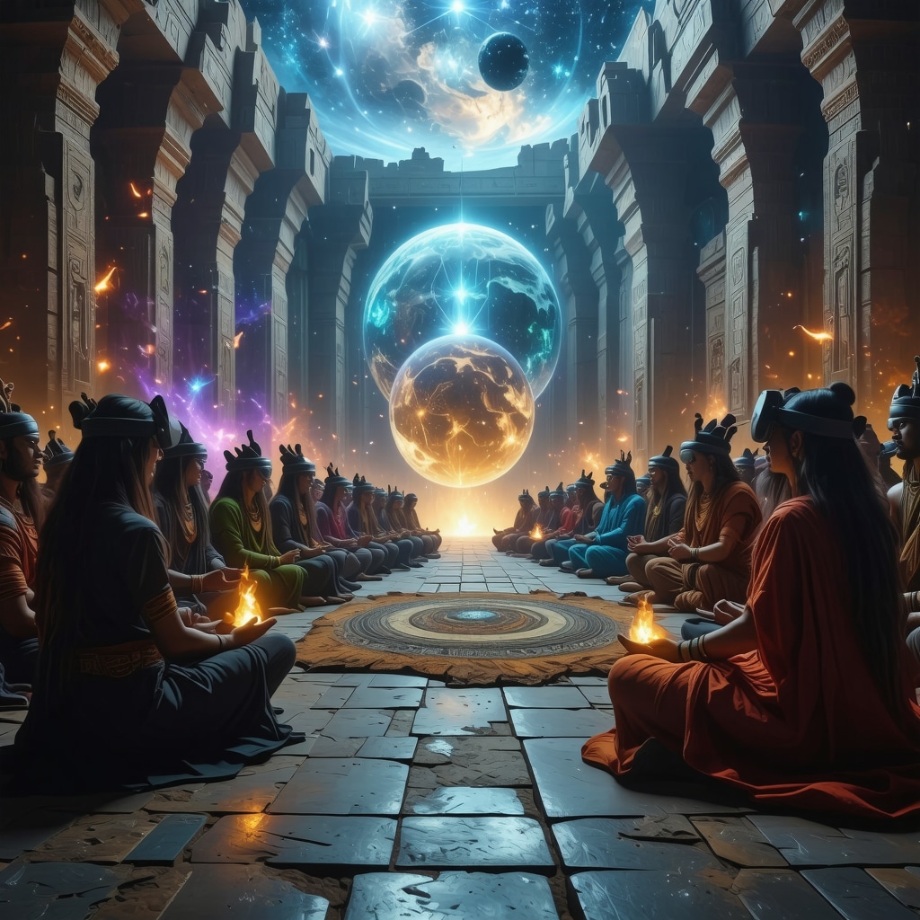 Usuarios interactuando con narrativas mitológicas inmersivas en un entorno digital futurista