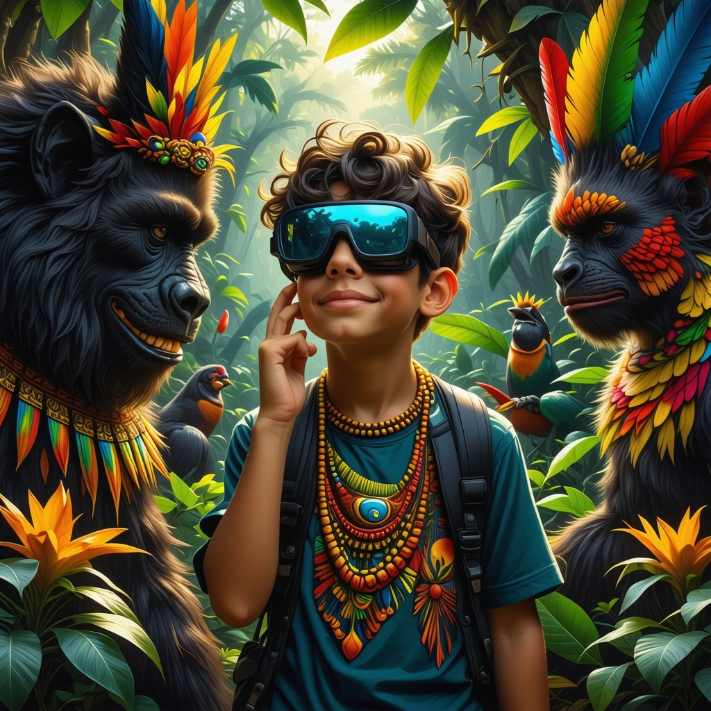Persona joven usando gafas de realidad aumentada interactuando con personajes míticos del folclore brasileño en un bosque amazónico
