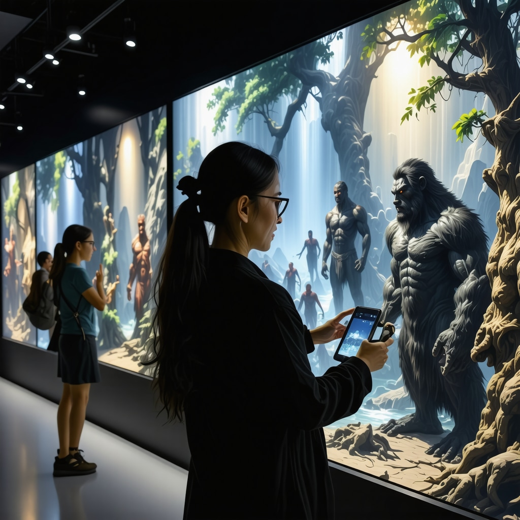 Futuristic digital exhibit with AR visuals representing Filipino urban legends and cultural motifs