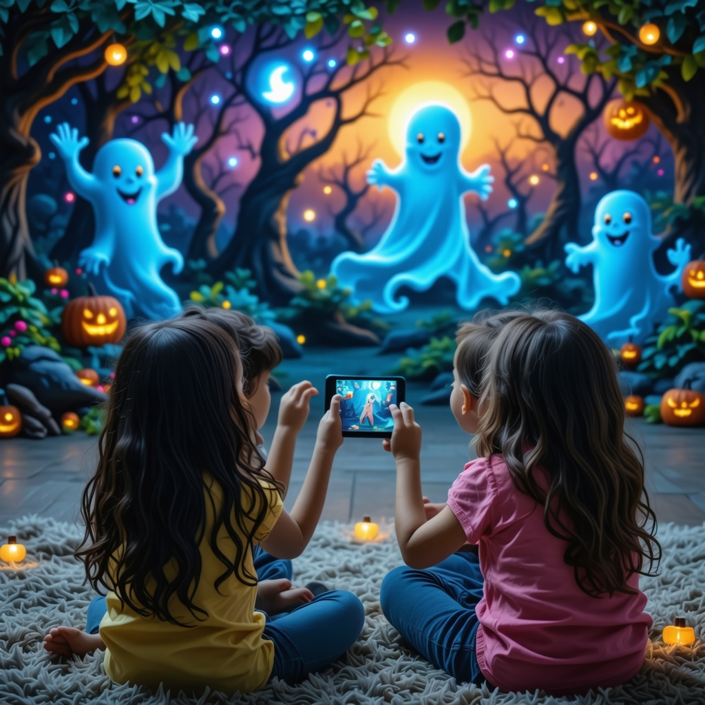 Children experiencing augmented reality of traditional Hispanic ghost legends in a classroom setting