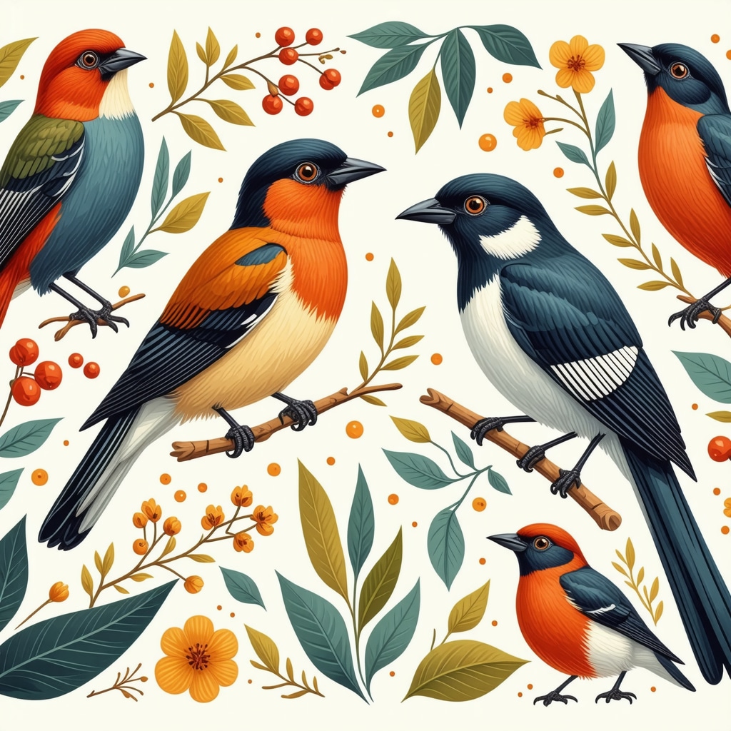 Artistic depiction of Cuban birds surrounded by cultural and ecological symbols illustrating folklore and nature conservation