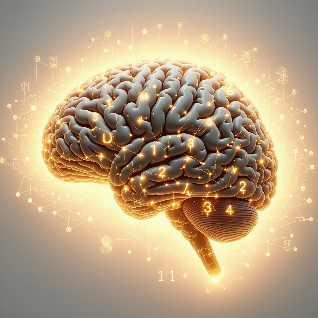 Digital illustration depicting human brain connected with glowing numbers 11, 22, and 33 symbolizing neuroscience and numerology fusion