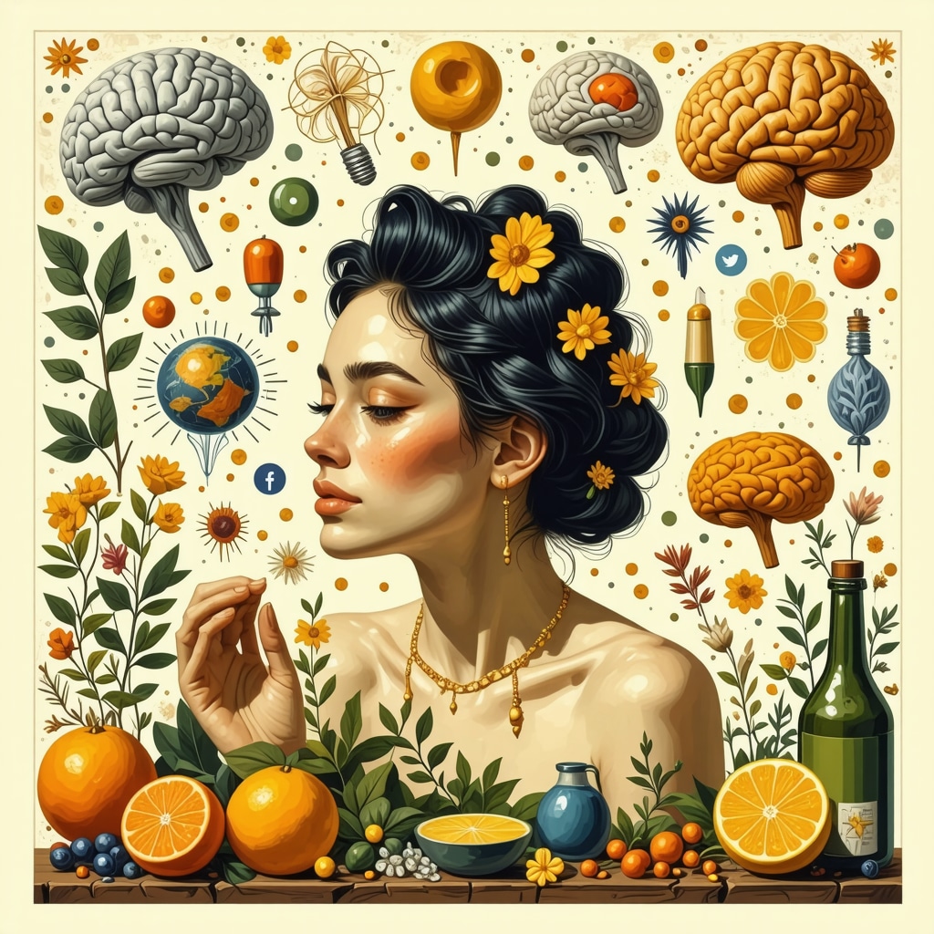 Interconnection of Brazilian Rituals, Neuropsychology, and Digital Globalization Collage of Brazilian herbal rituals, brain neuropsychology, and digital social media icons representing superstition evolution
