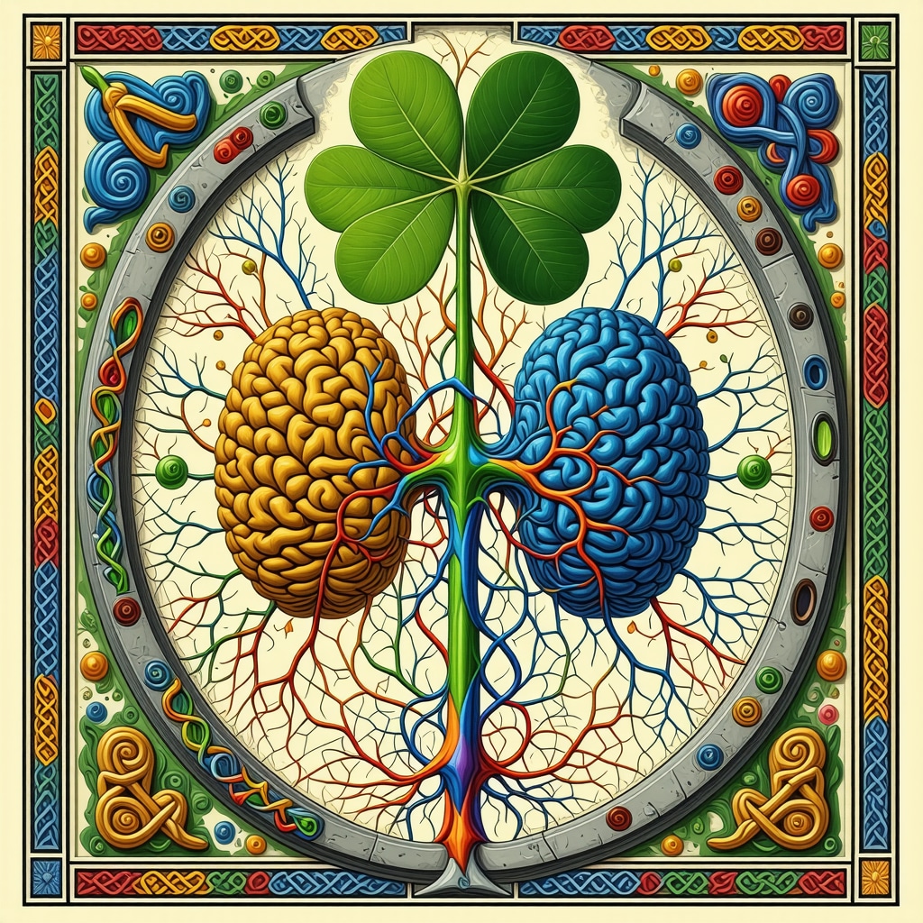 Artistic depiction of Scottish superstition symbols integrated with brain neural pathways representing neuroplasticity