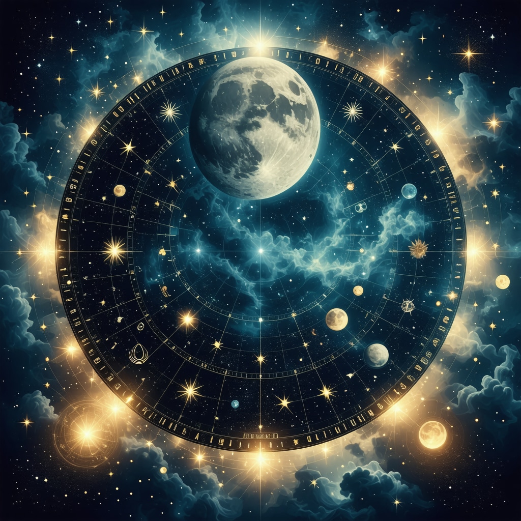 Pantalla de aplicación móvil mostrando calendario lunar interactivo con símbolos astrológicos para agüeros mensuales