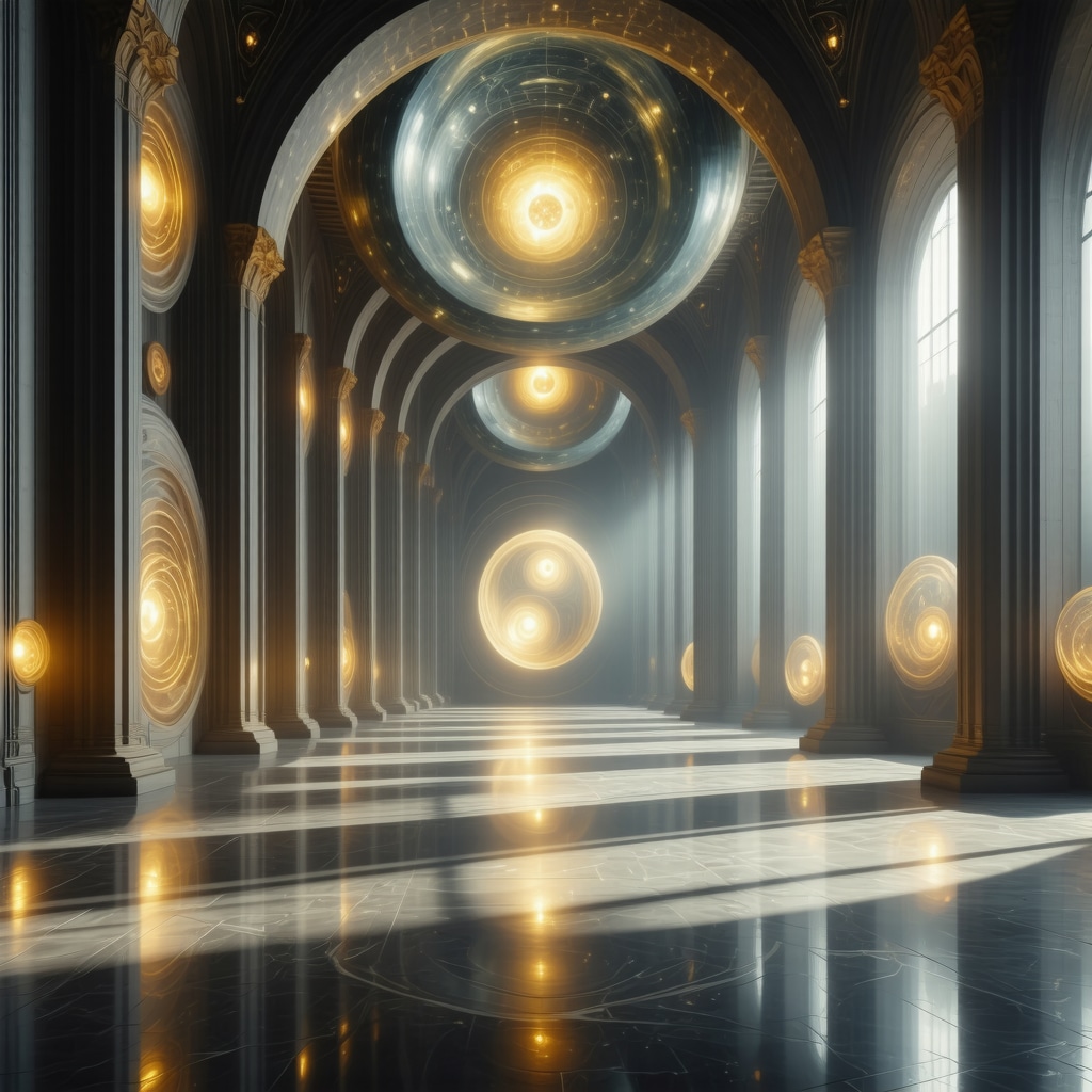 Architectural interior with golden spirals and tetrahedrons symbolizing energy flow and harmony