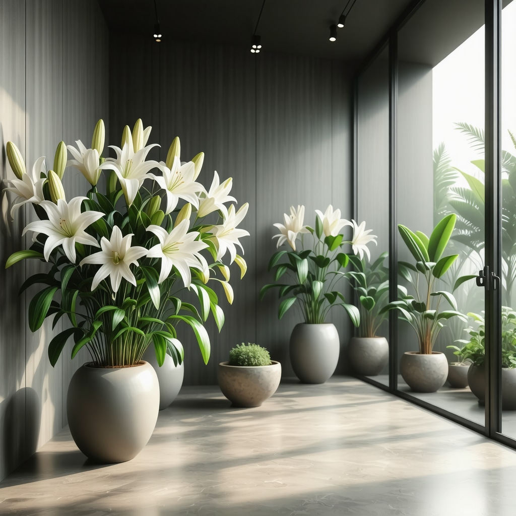Arreglo de lirios blancos en espacio interior moderno con diseño biofílico