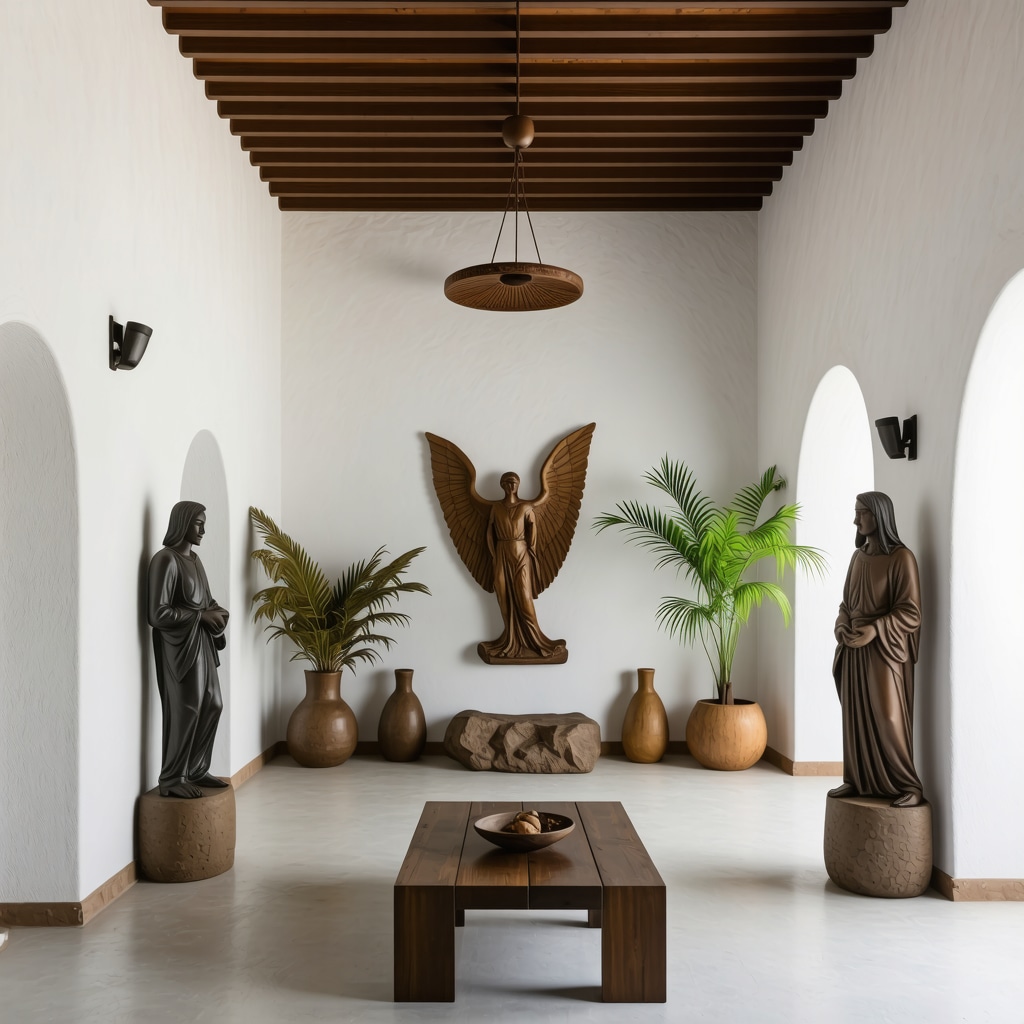 Espacio interior moderno con símbolos protectores puertorriqueños y diseño minimalista