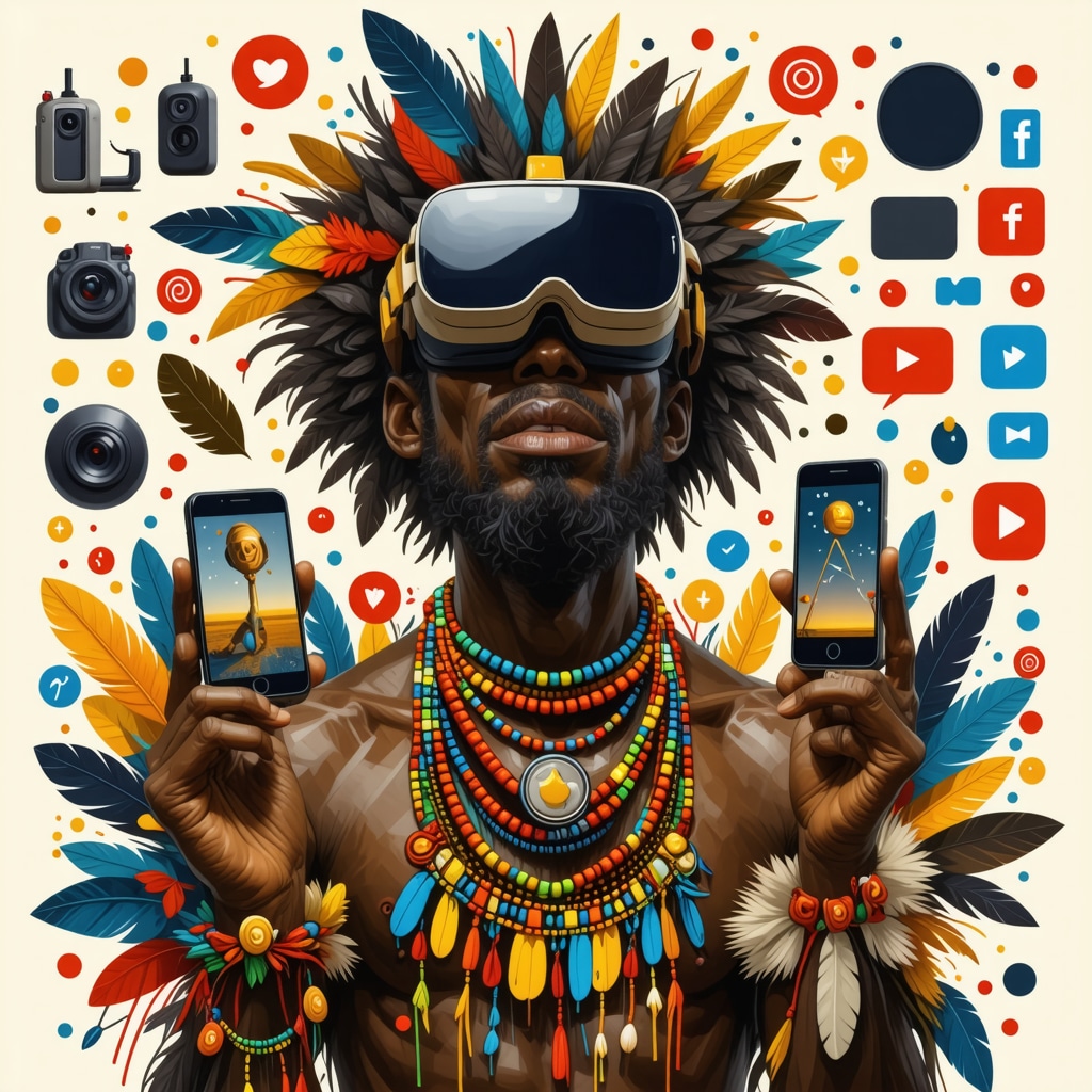 Illustration showing traditional Brazilian folklore figures alongside modern digital technology elements representing cultural adaptation and preservation