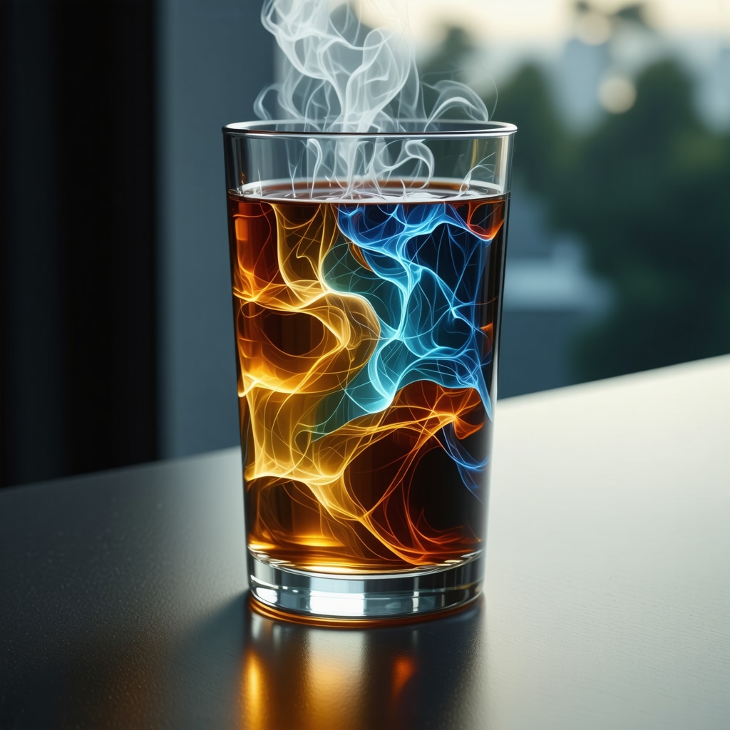 Symbolic liquid in a glass with psychological archetypes and energy patterns overlay