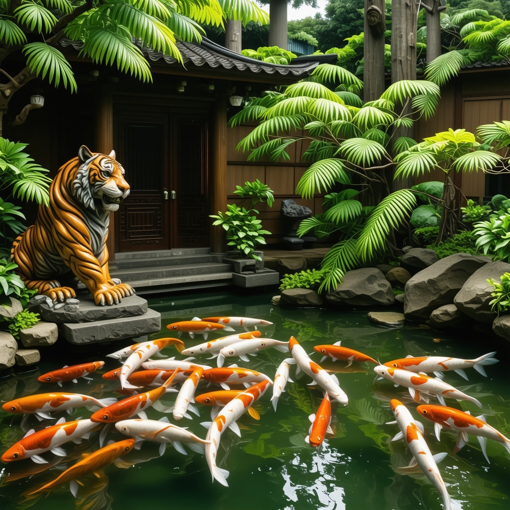 Japanese garden showing koi fish pond and tiger statue representing Asian totem animal symbolism and energy harmony