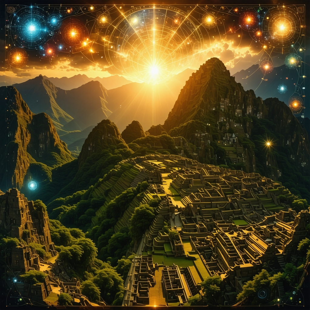 Machu Picchu archaeological site with chakana symbol and energy flow lines at sunrise