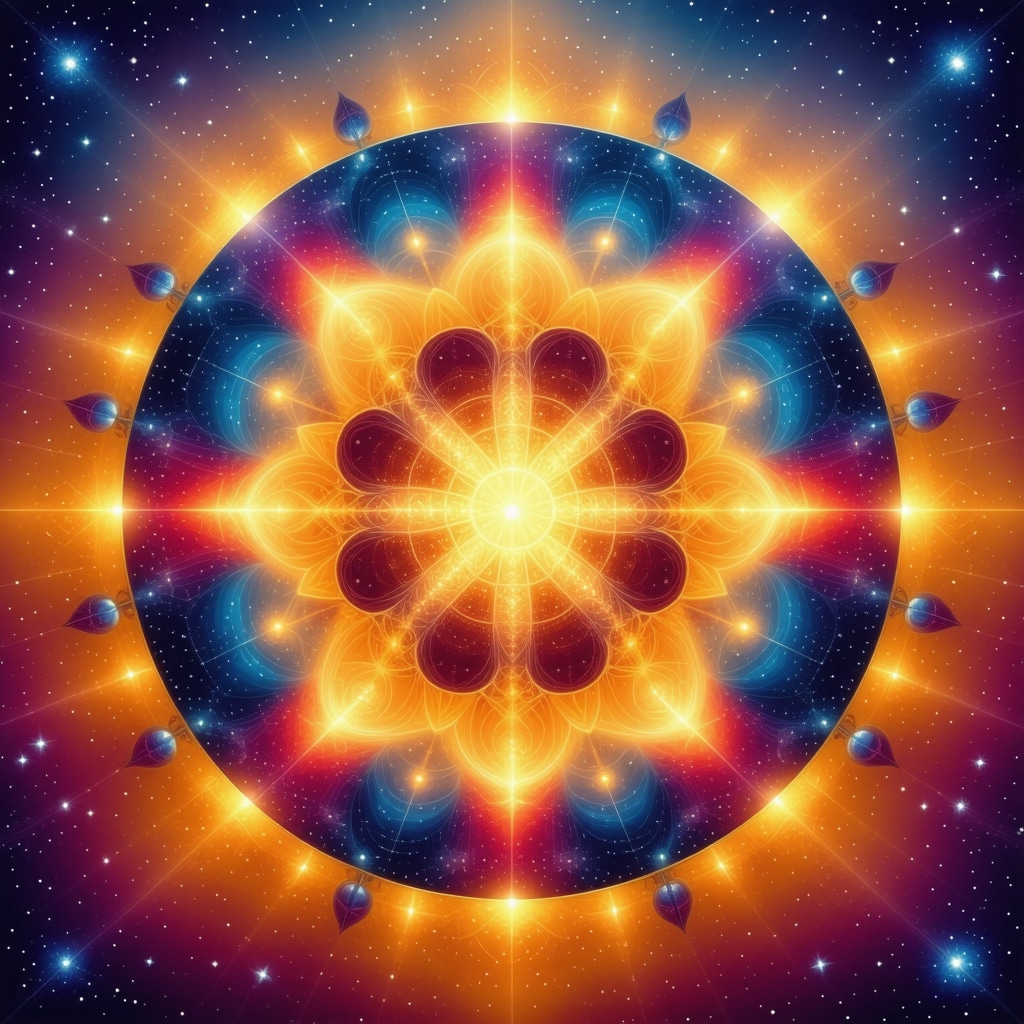 Mandala featuring sacred geometric patterns and crystals symbolizing enhanced spiritual energy