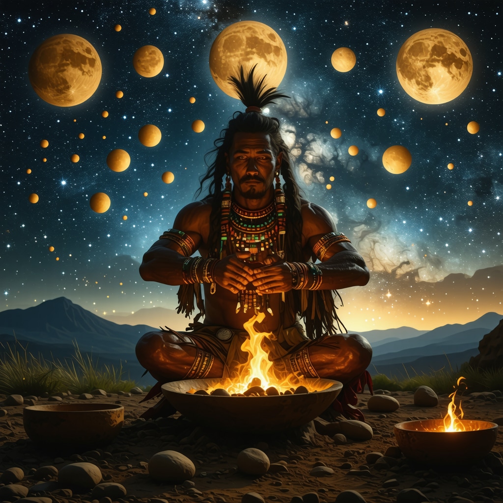 Maya shaman conducting a copal ritual beneath a starry sky with aligned celestial bodies symbolizing cosmic wisdom
