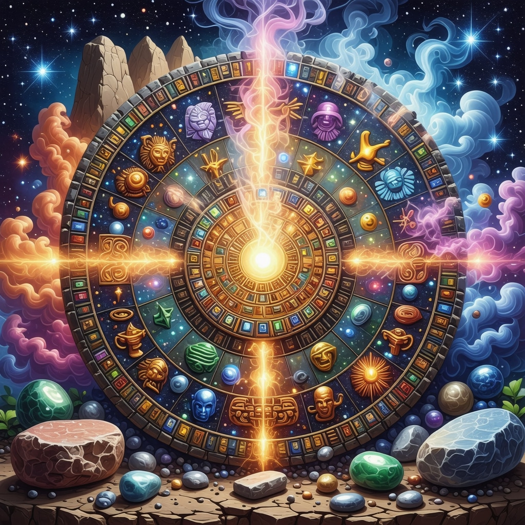 Illustration of a Mayan calendar stone surrounded by copal smoke and jade stones, symbolizing mystical energy and prosperity