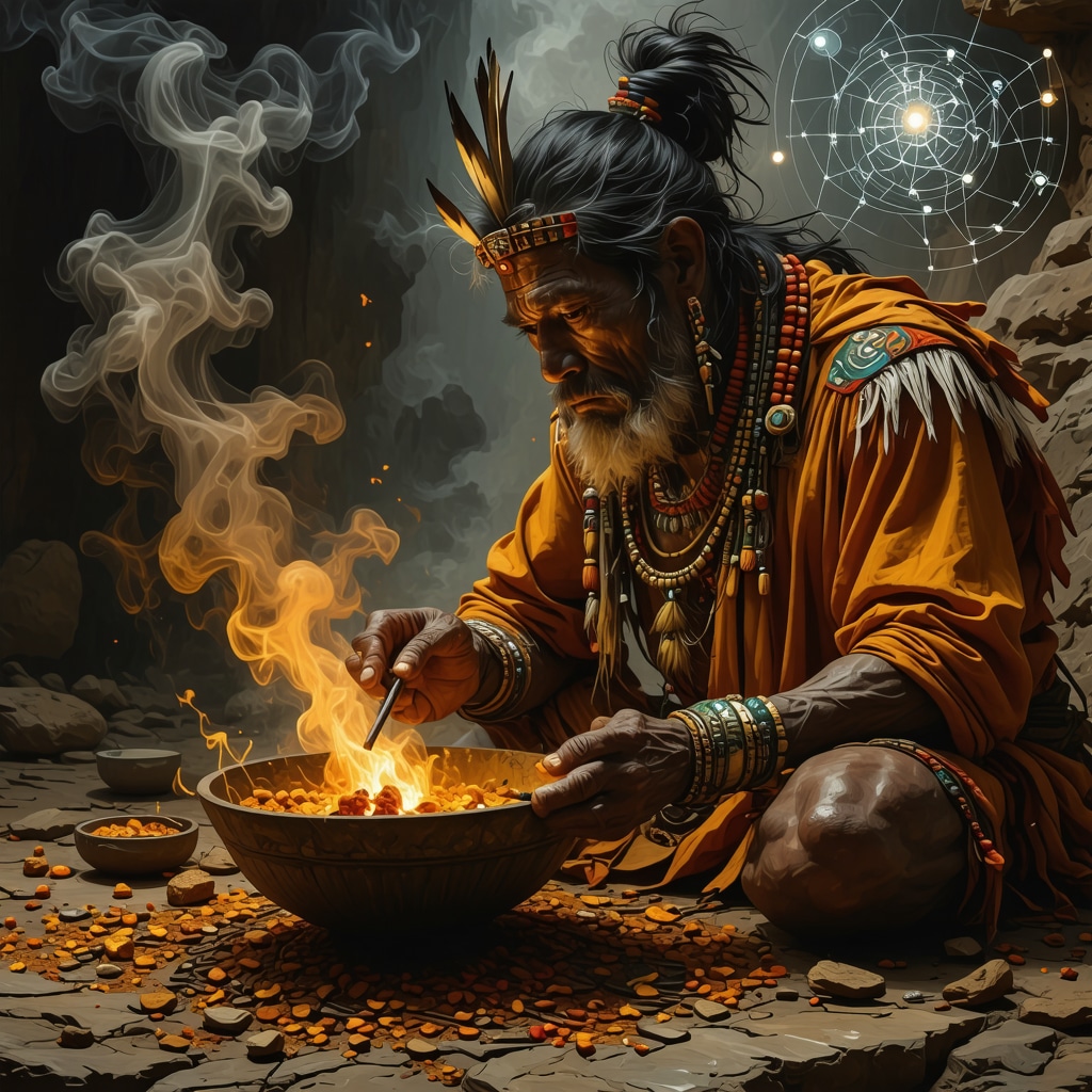 Artistic depiction of a Mayan shaman performing a copal ritual with neural network imagery in the background
