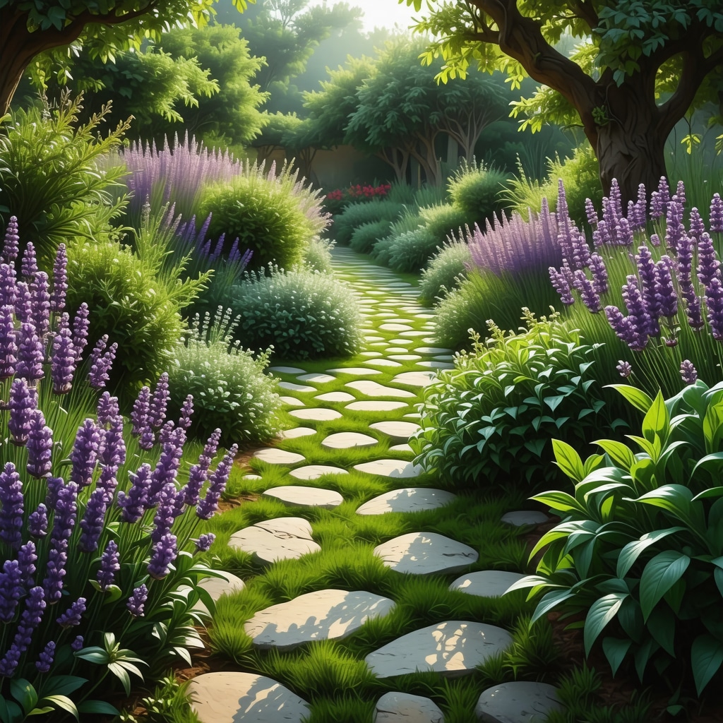 Garden showcasing lavender, rosemary, and sage plants symbolizing calm, protection, and purification