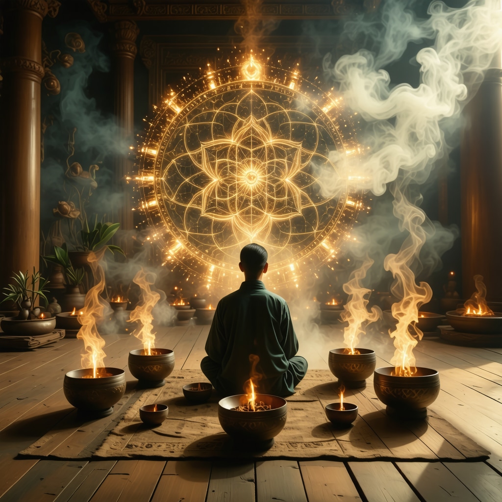 Person meditating with Flower of Life mandala and Tibetan singing bowls in a cosmic ambient setting