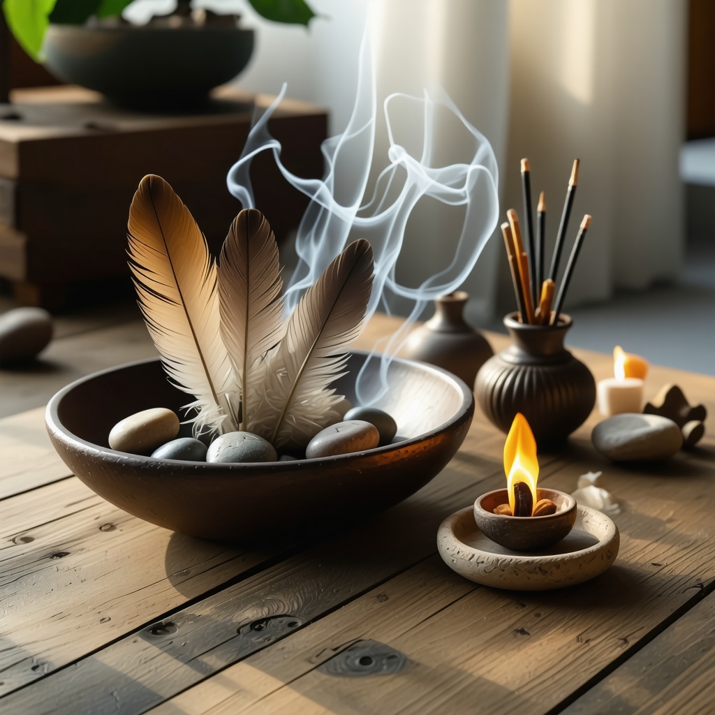 Altar with feathers, stones, and incense smoke for spiritual rituals
