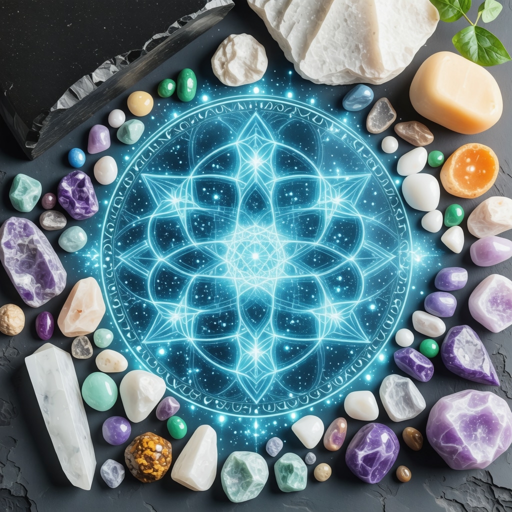 An altar displaying Flower of Life, Celtic knots, mandalas, crystals, and plants symbolizing spiritual harmony