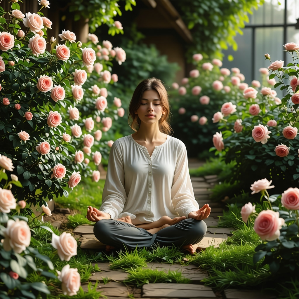 Person meditating in rose garden surrounded by diverse rose colors representing symbolism and healing