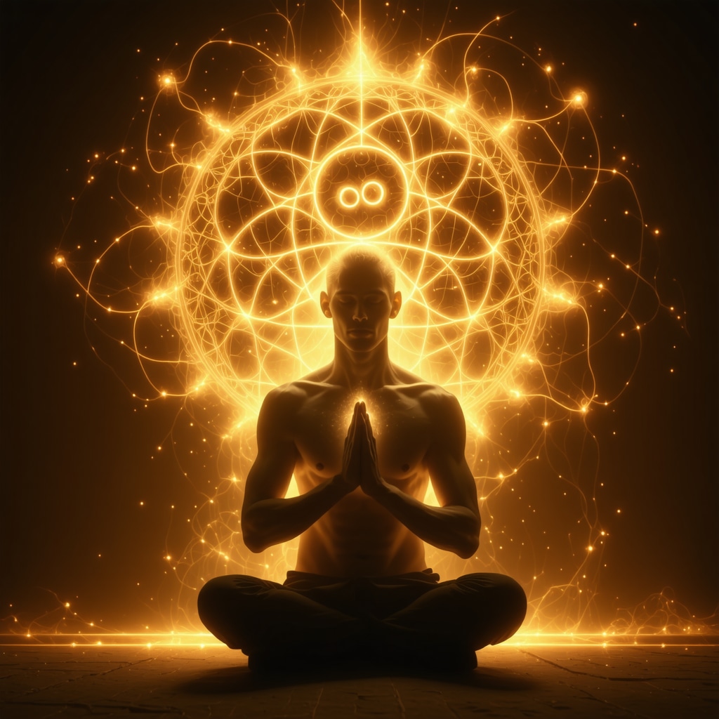 Person meditating with glowing Celtic Triskel symbol and neural pathways illustration