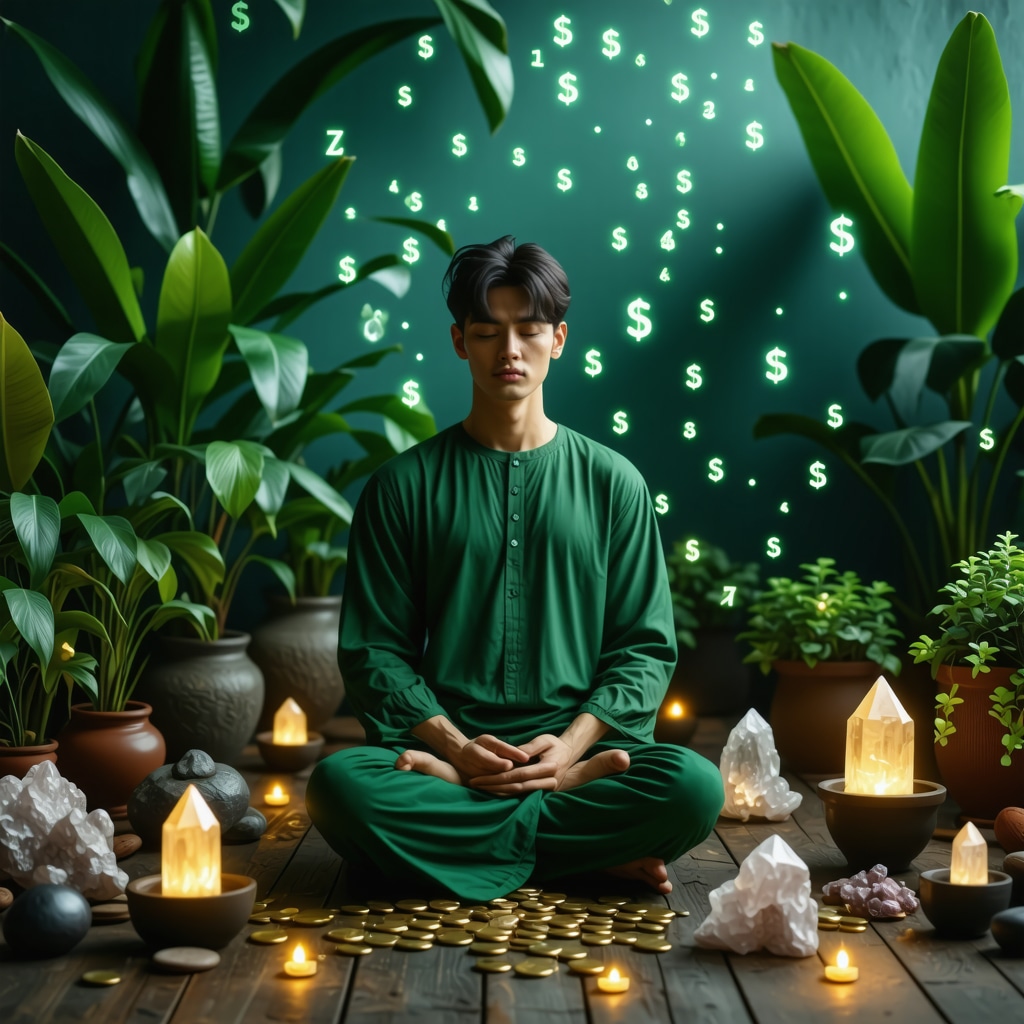 Person meditating surrounded by plants and symbolic objects with floating numbers and symbols representing financial signals