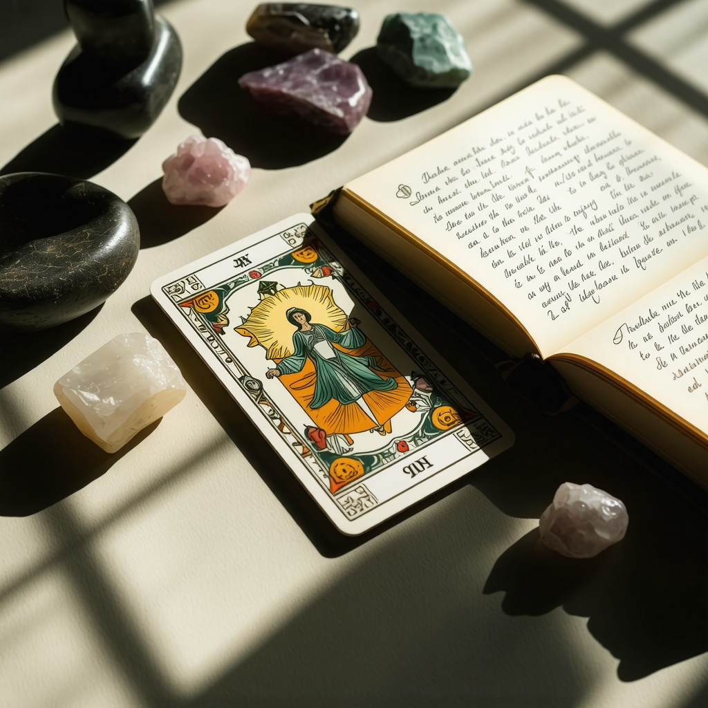 Meditation setup with tarot cards, crystals, ancient symbols, and a personal journal for interpreting presages in objects