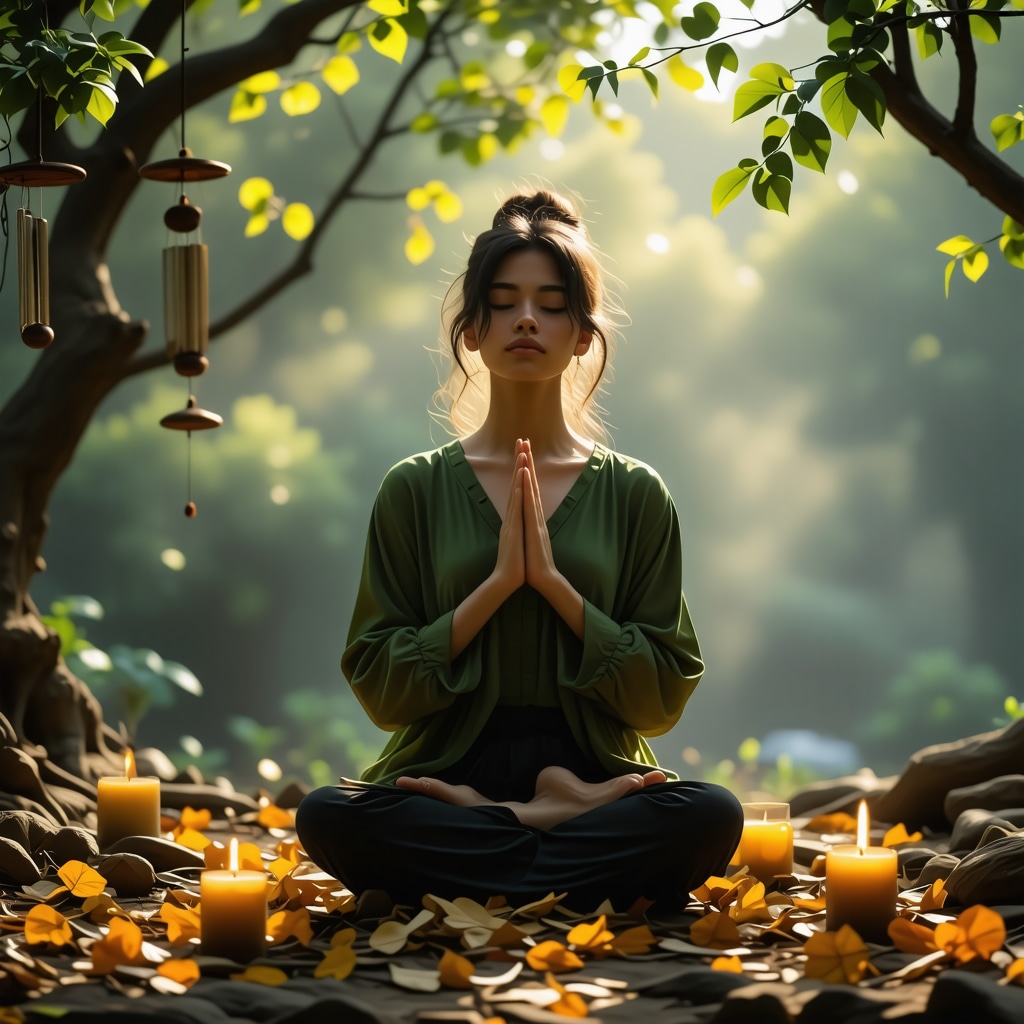 Person meditating outdoors with wind chimes and moving leaves illustrating connection with air element