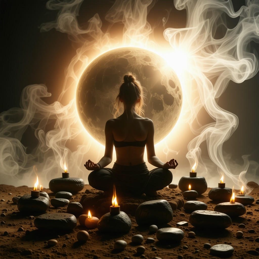 Person meditating during solar eclipse with obsidian stones and incense smoke