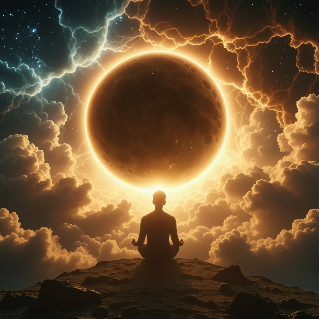 Person meditating at dawn under a solar eclipse with energy waves symbolizing brain and biological rhythm alignment