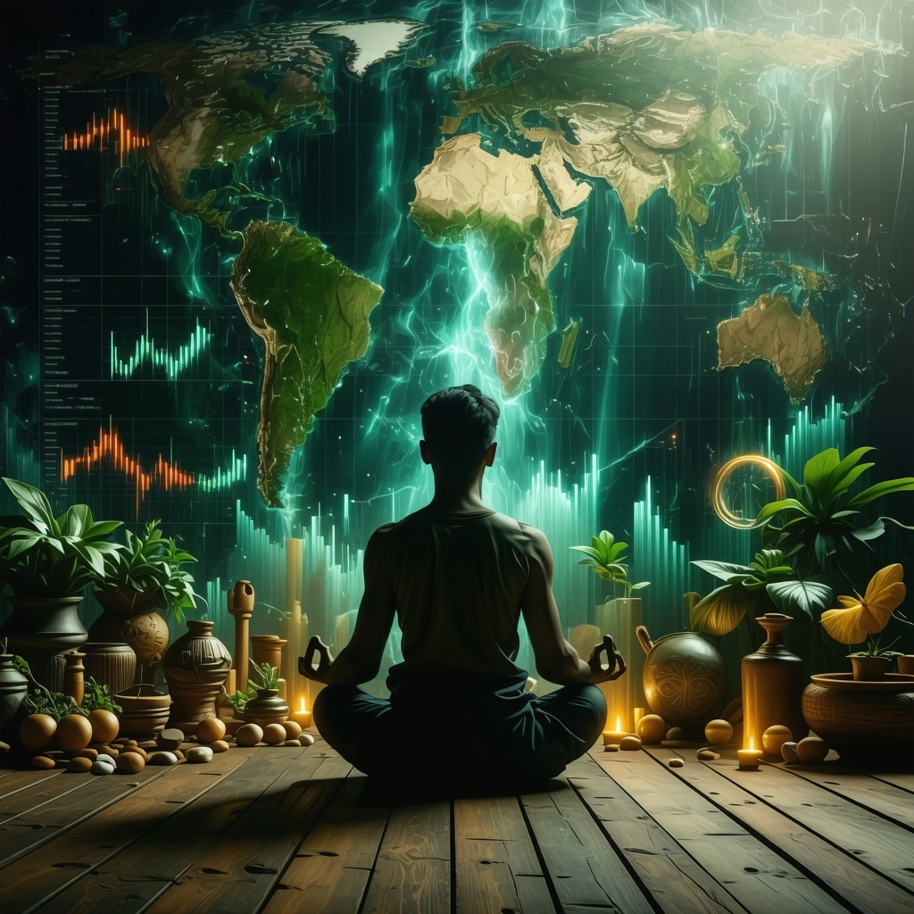 Meditation scene blending traditional prosperity symbols and financial data charts