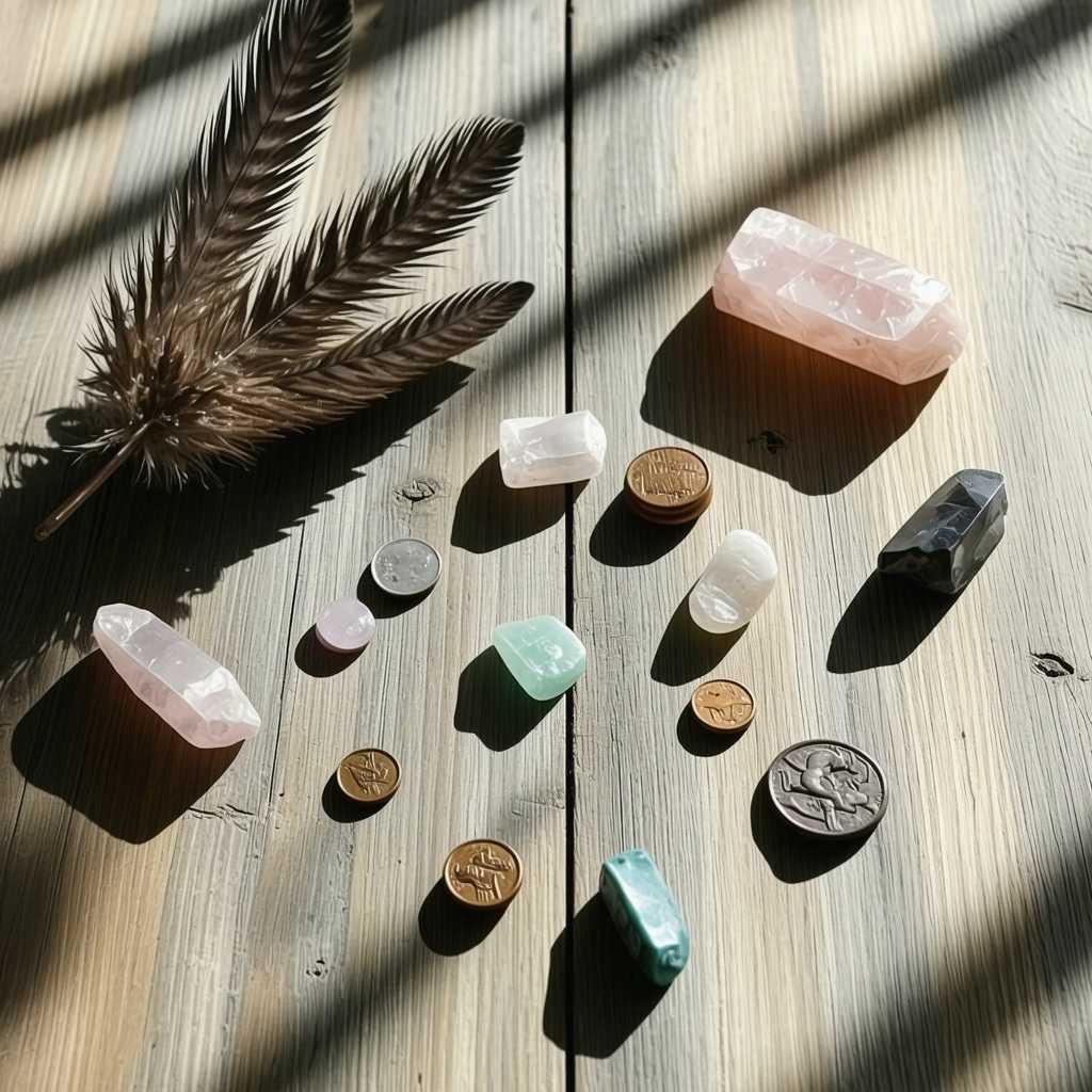 Meditation setup featuring symbolic objects such as crystals and ancient coins arranged thoughtfully on a wooden table