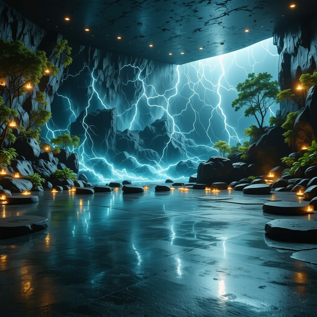 Indoor meditation area featuring geometric thunder motifs and ambient lighting symbolizing energy harmony