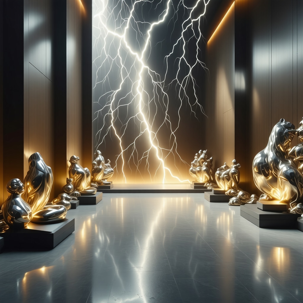 Indoor meditation area decorated with thunder-inspired sculptures and geometric patterns, ambient lighting simulating storm