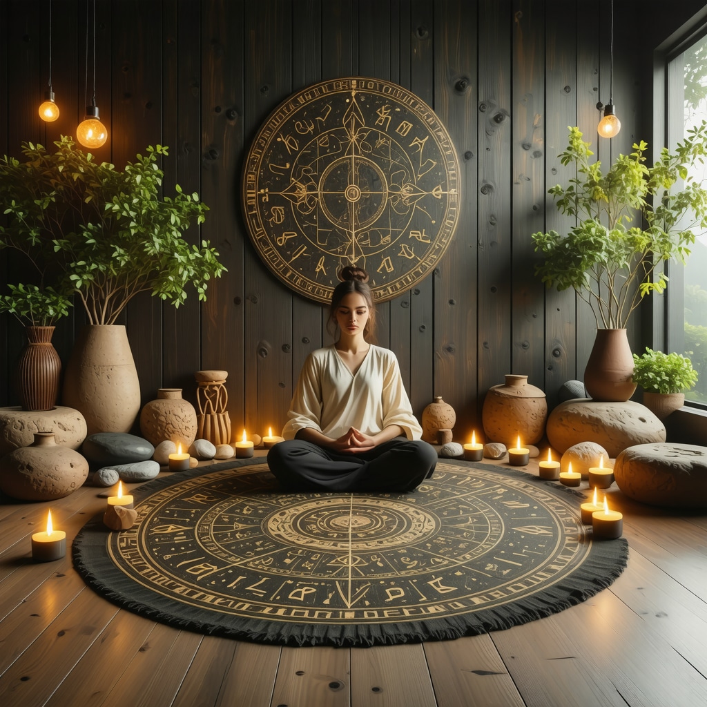 Meditation space featuring Norse runes, wood, stone, and candlelight representing introspective spiritual practice.