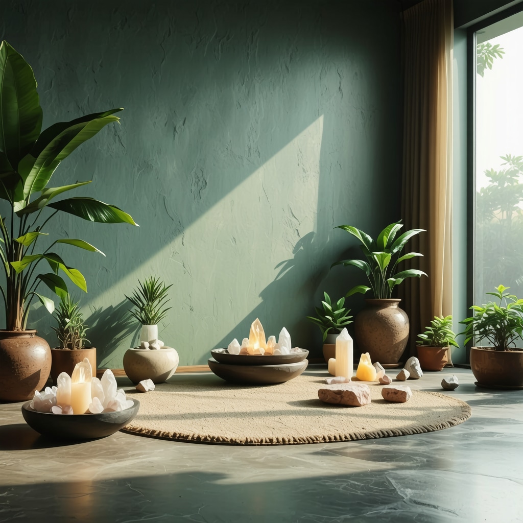 Meditation space with crystals and biofeedback devices illustrating spiritual energy coherence