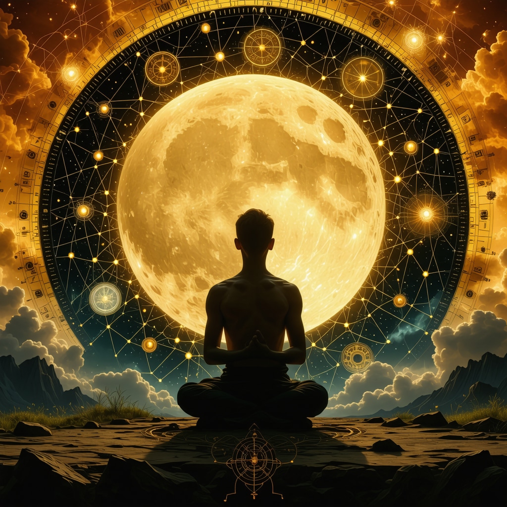 Person meditating during solar eclipse with ancestral symbols and neural network graphics