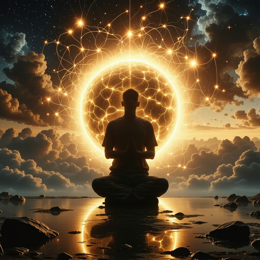 Human meditating during solar eclipse surrounded by glowing neural pathways illustrating brain-cosmic energy interaction