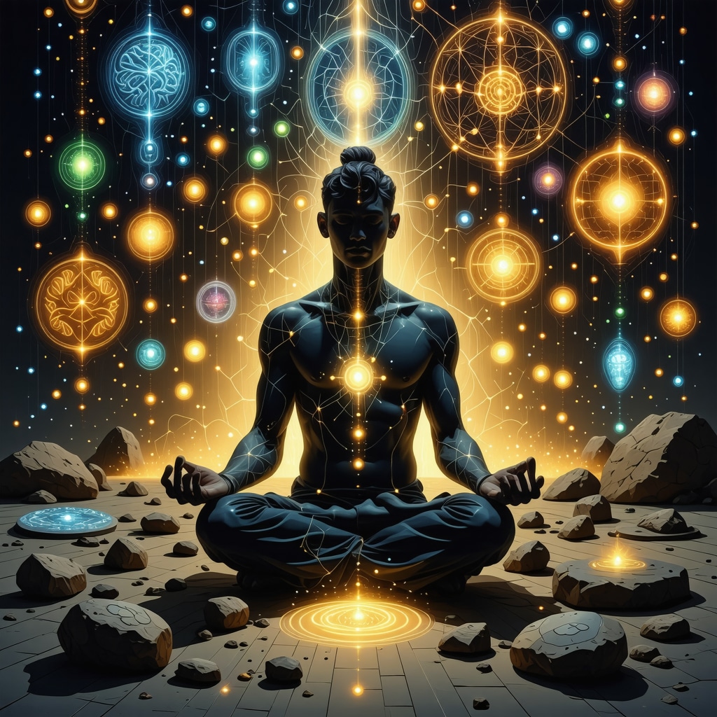 Meditation with Amulets and Neural Patterns Person meditating with symbolic amulets glowing with neural network patterns