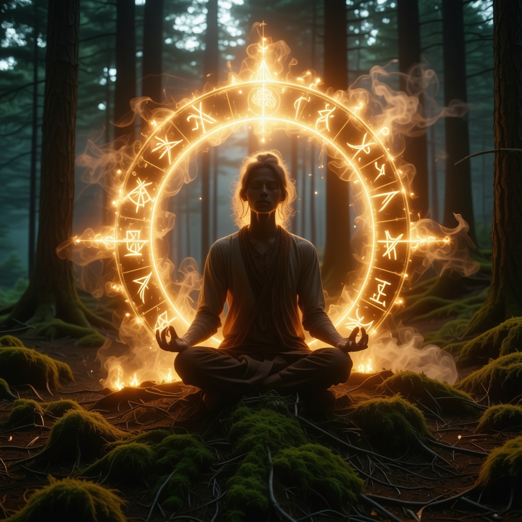 Person meditating inside a glowing circle of Norse runes in a forest with incense smoke