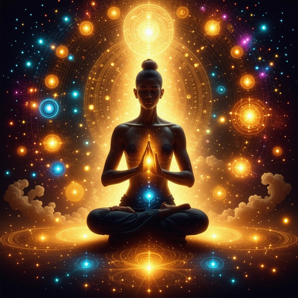 Person meditating in Hridaya mudra with glowing heart chakra and cosmic energy