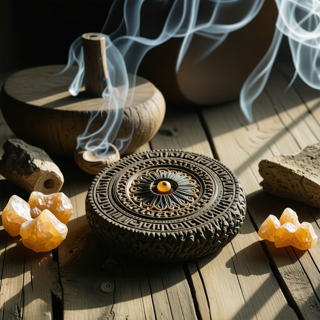 Meditation scene with Mexican Ojo de Dios amulet and copal smoke illustrating mindfulness and ritual integration