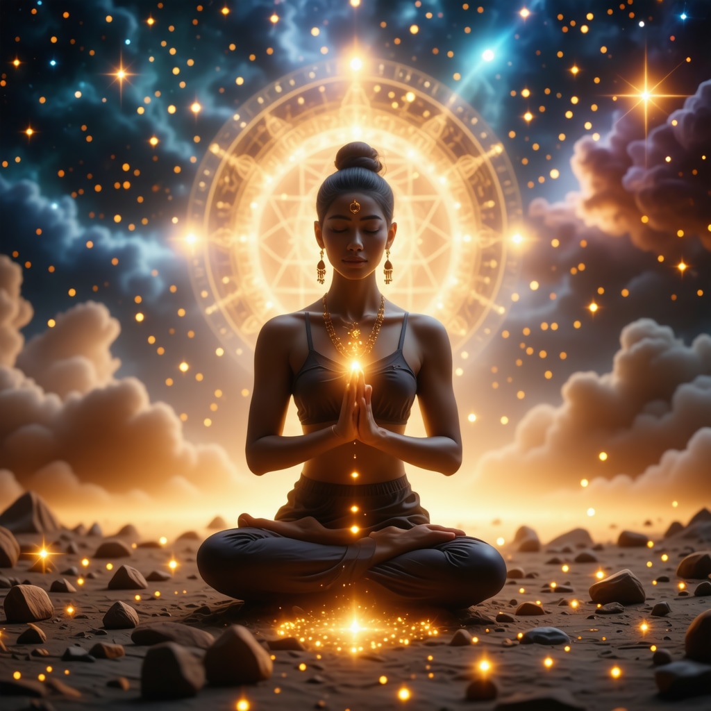 Person practicing mudras with glowing Sri Yantra and cosmic stars symbolizing spiritual synergy