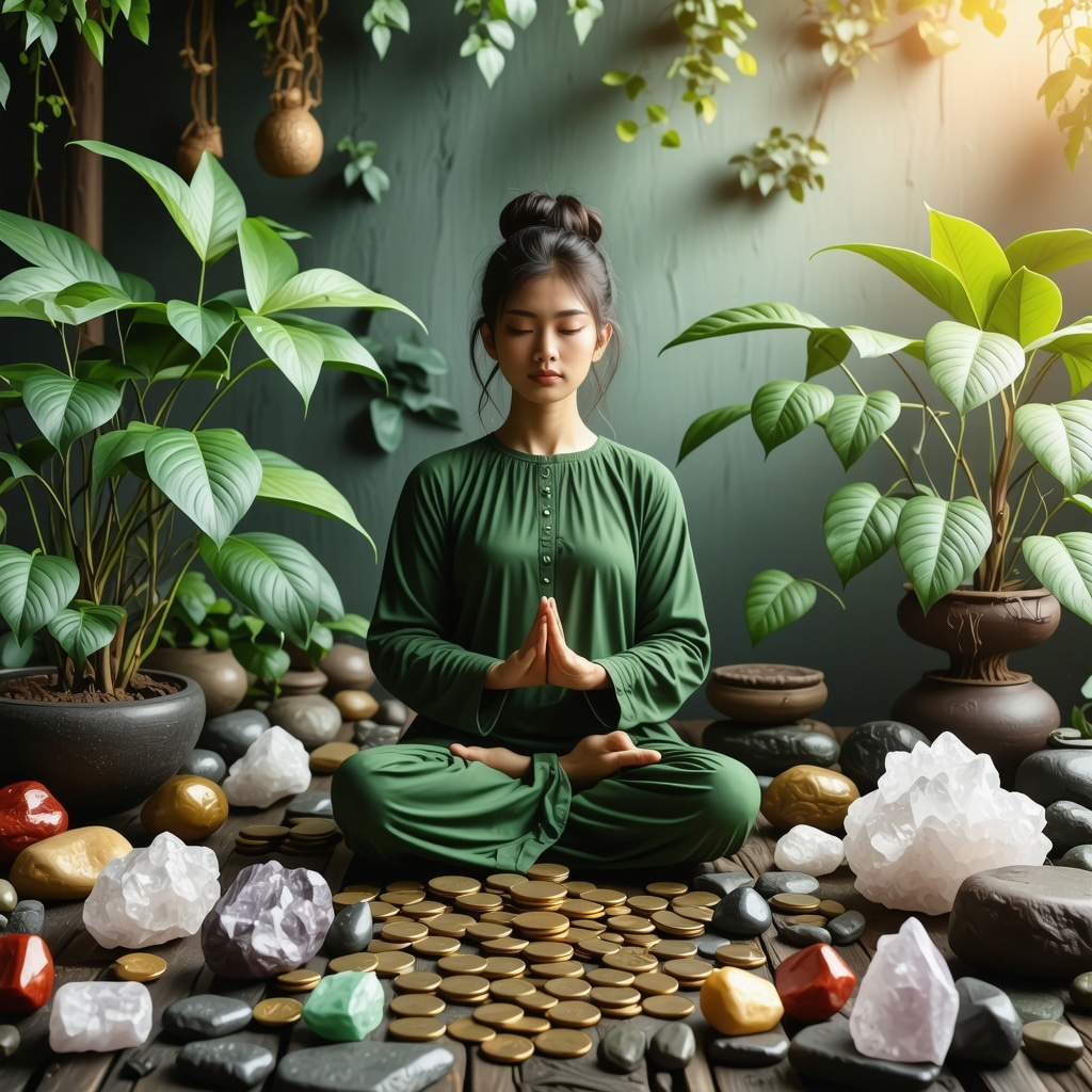 Person meditating surrounded by green plants, coins, and crystals symbolizing prosperity