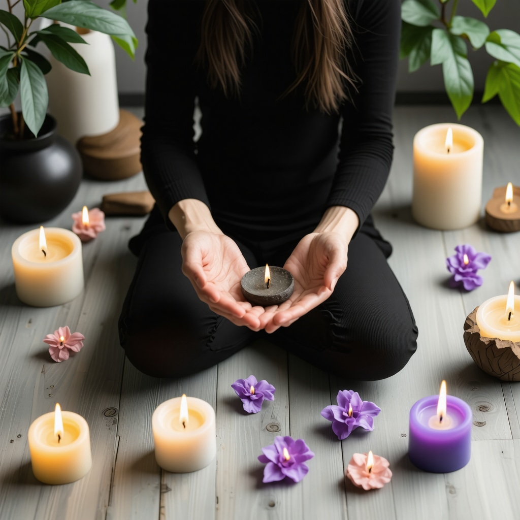 Person meditating while holding a symbolic found object with calming surroundings
