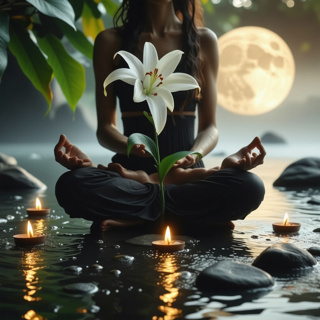 Person meditating holding a white lily with glowing natural elements symbolizing energy flow